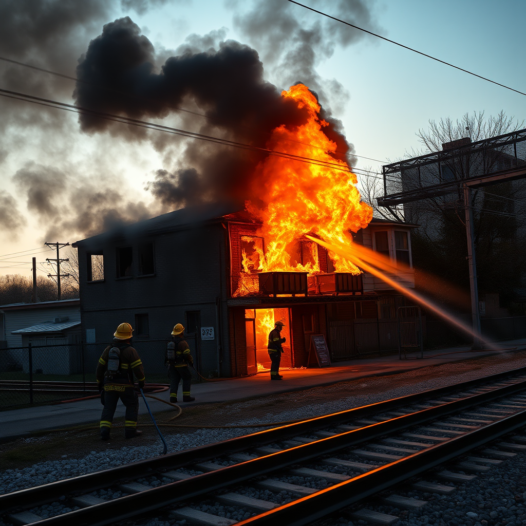 Railway café ablaze as crews fight fire with four 45m jets